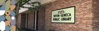 Exterior of the library building with decorative graphical elements to the left.